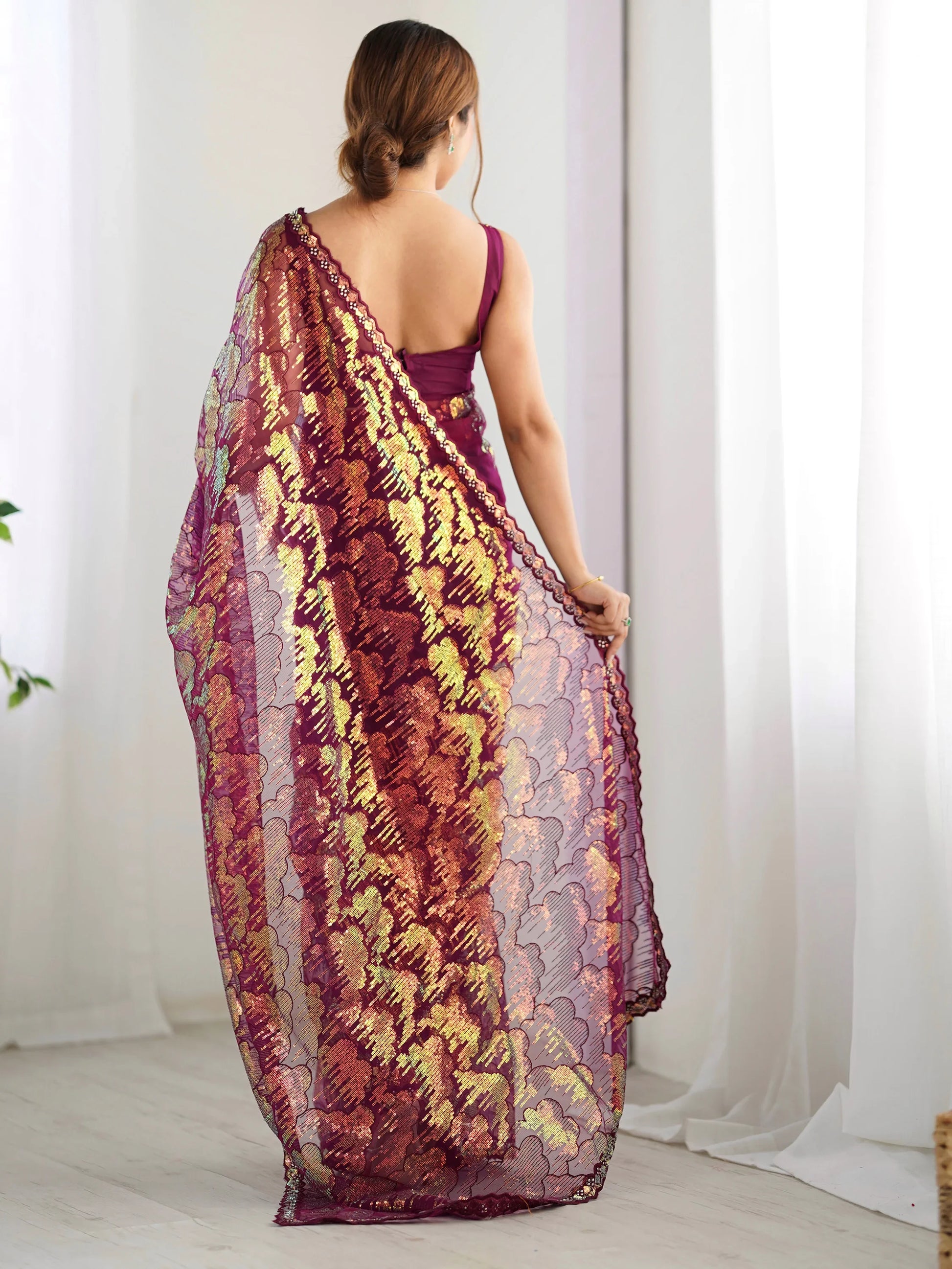 Bewitching Wine Sequins Net Reception Wear Saree With Blouse - Zeel Clothing