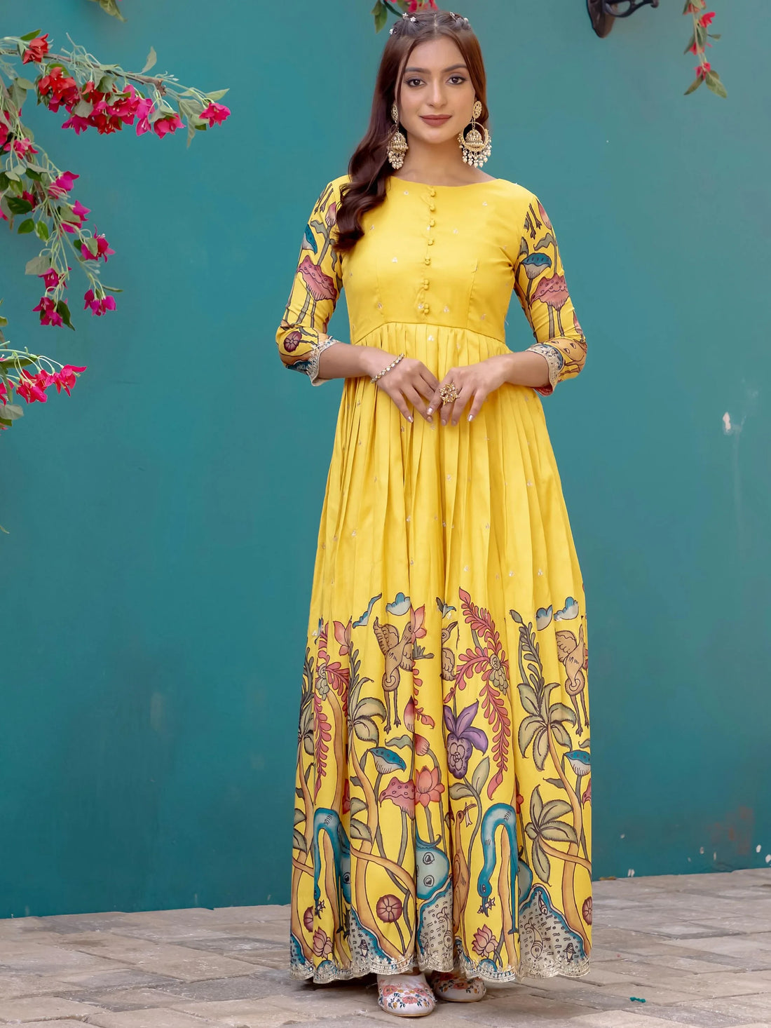 Bewitching Yellow Digital Printed Silk Haldi Wear Gown - Zeel Clothing