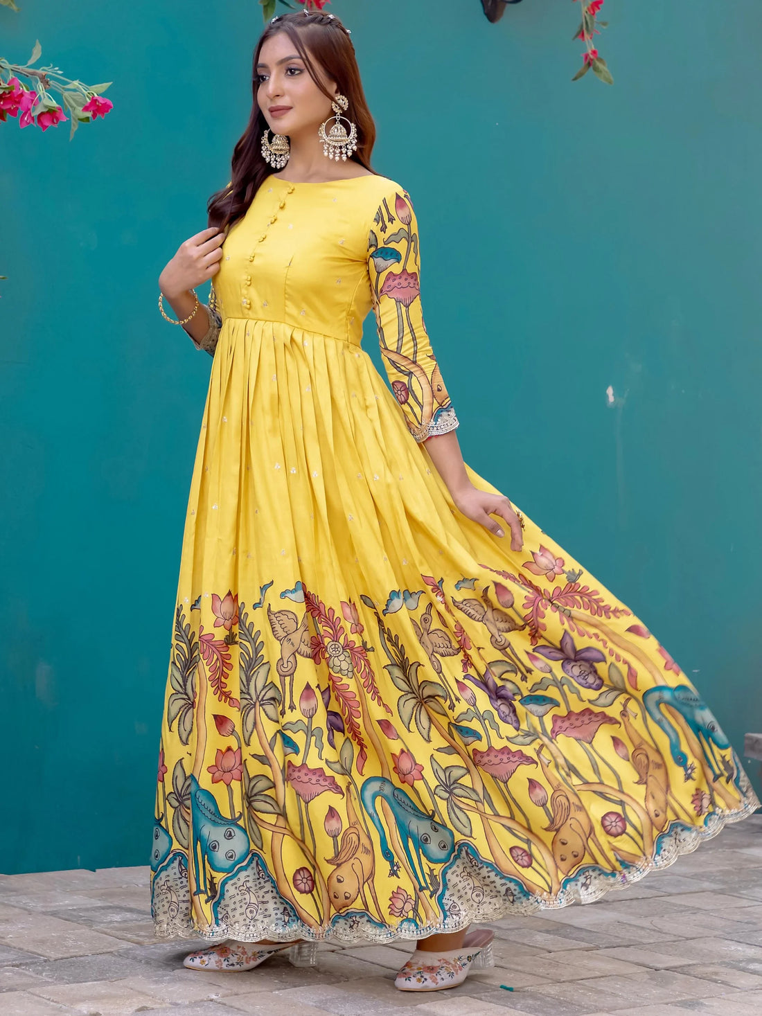 Bewitching Yellow Digital Printed Silk Haldi Wear Gown - Zeel Clothing