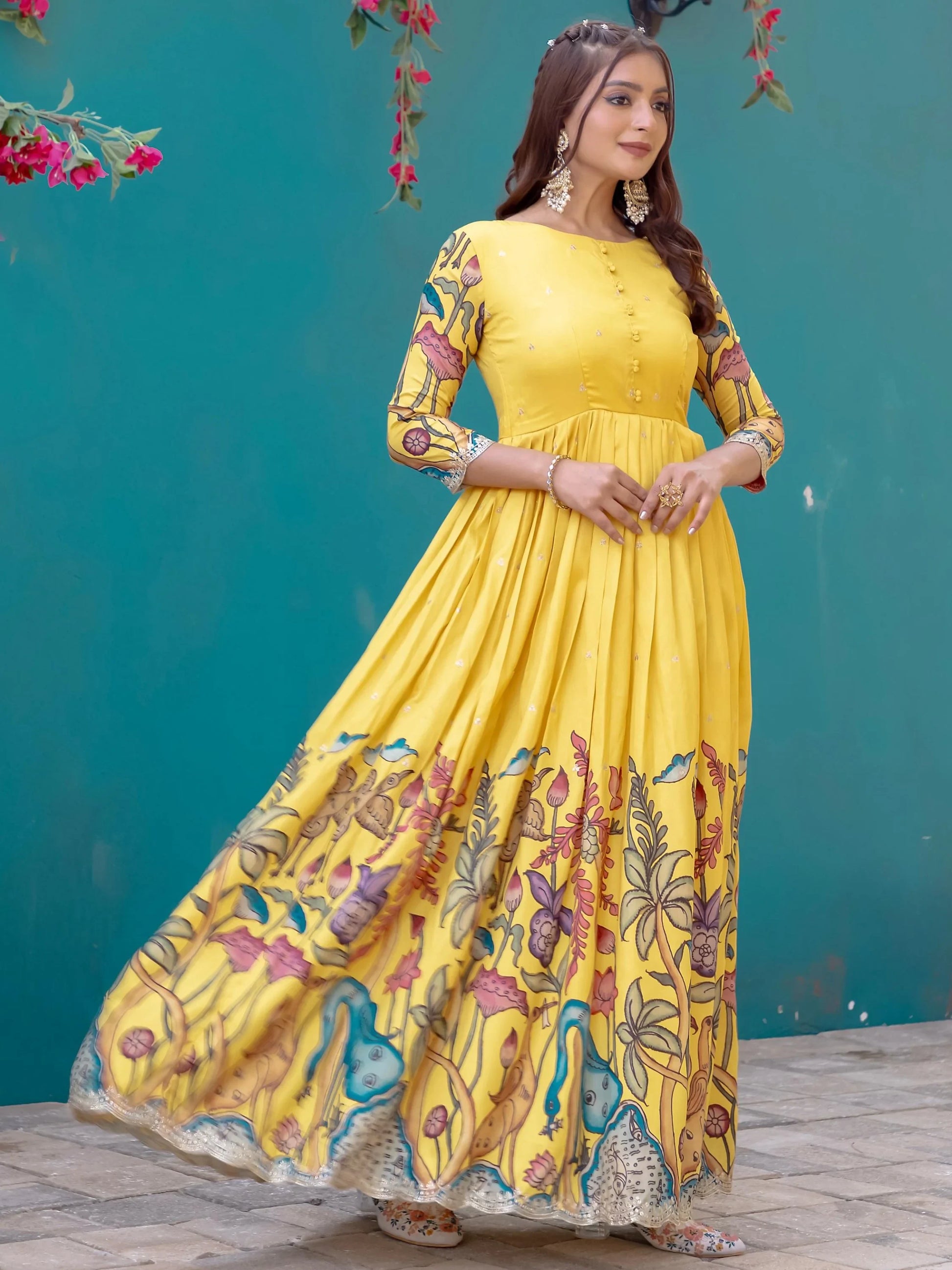 Bewitching Yellow Digital Printed Silk Haldi Wear Gown - Zeel Clothing