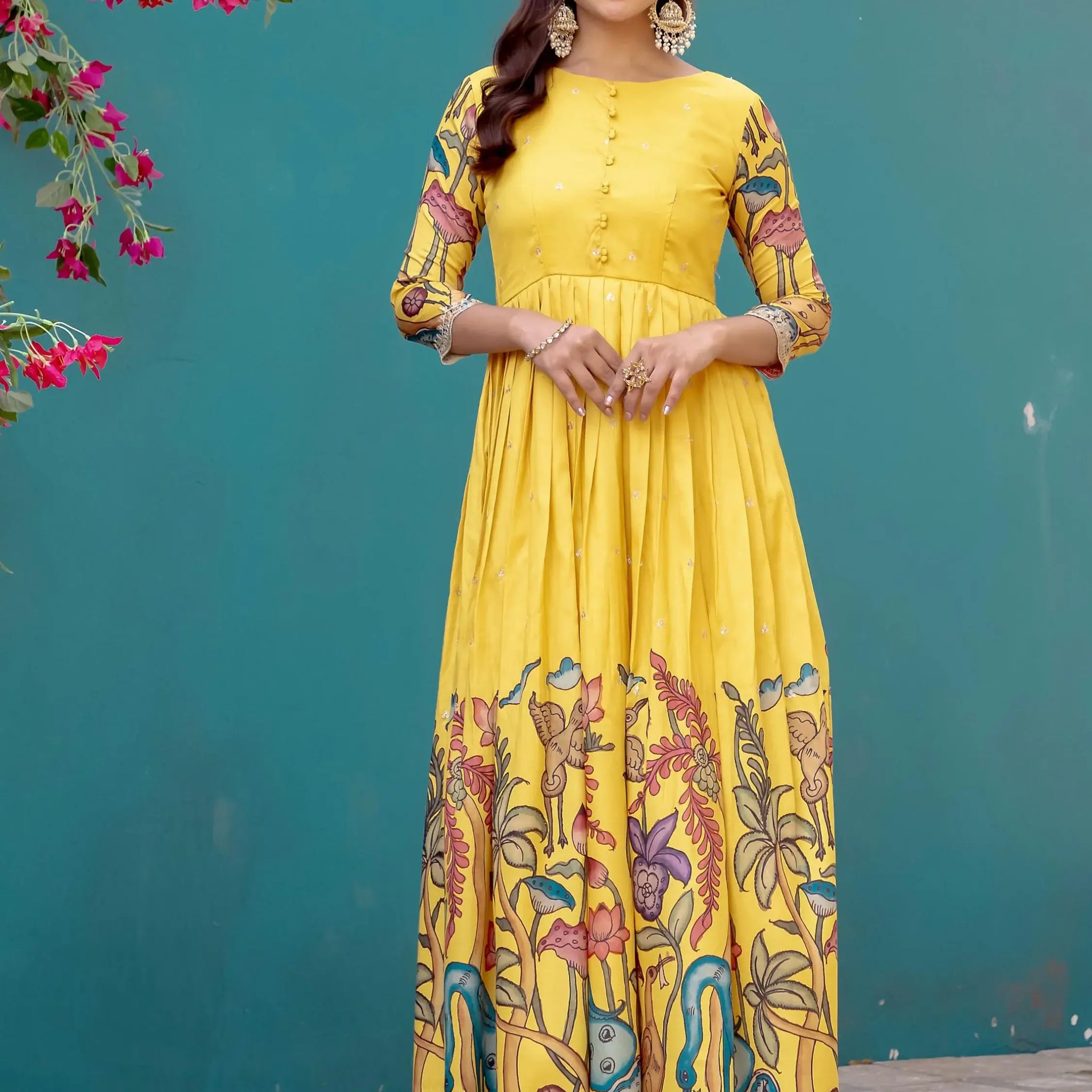 Bewitching Yellow Digital Printed Silk Haldi Wear Gown - Zeel Clothing
