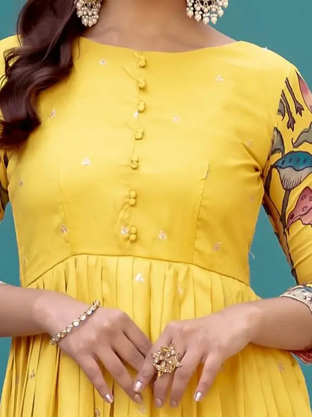 Bewitching Yellow Digital Printed Silk Haldi Wear Gown - Zeel Clothing
