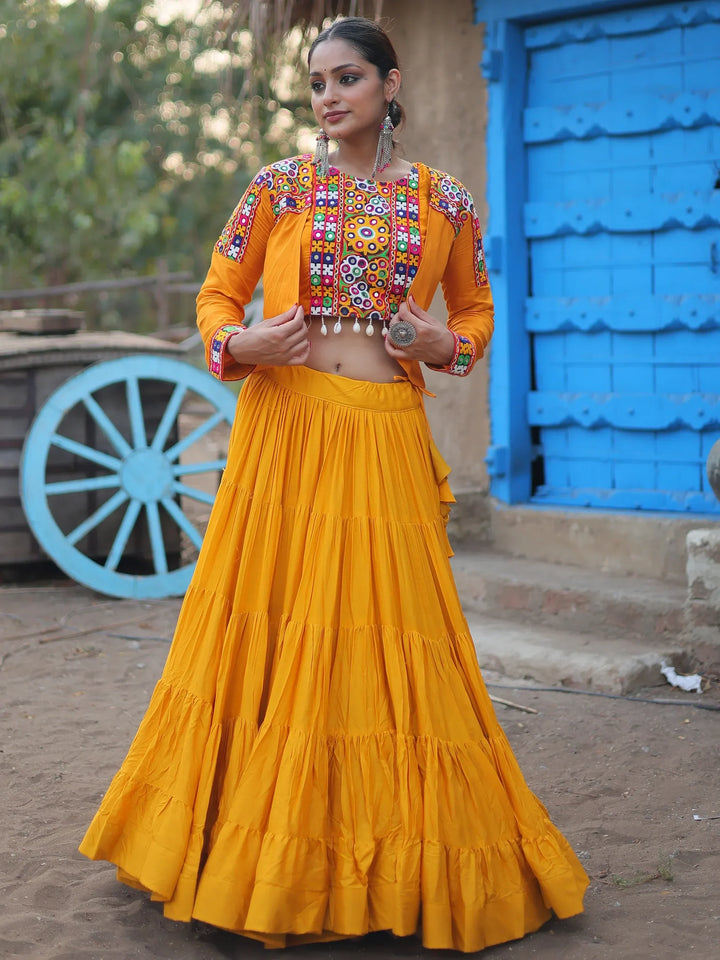 Bewitching Yellow Rayon Navratri Wear Lehenga Choli With Koti - Zeel Clothing