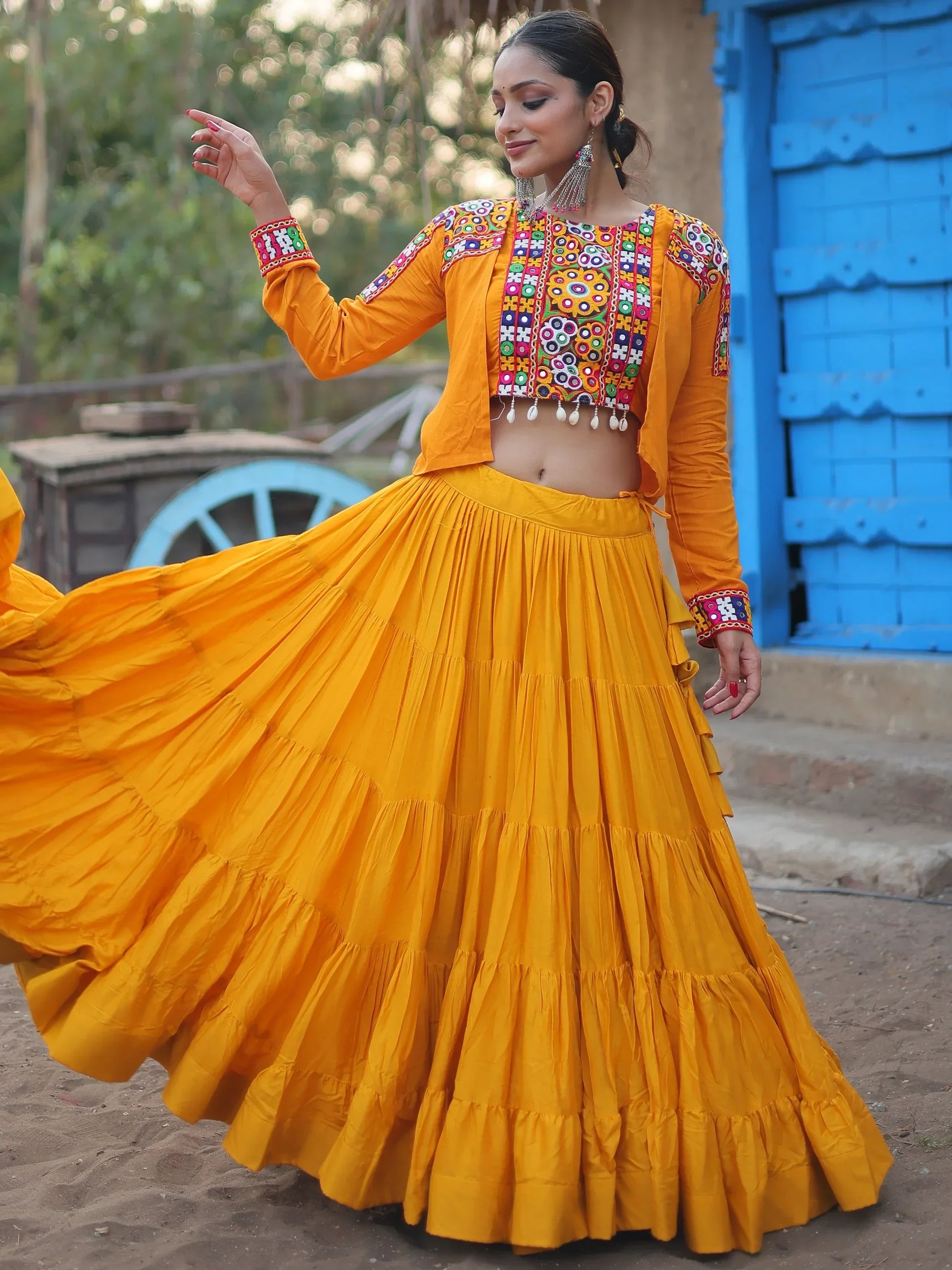 Bewitching Yellow Rayon Navratri Wear Lehenga Choli With Koti - Zeel Clothing
