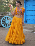 Bewitching Yellow Rayon Navratri Wear Lehenga Choli With Koti - Zeel Clothing