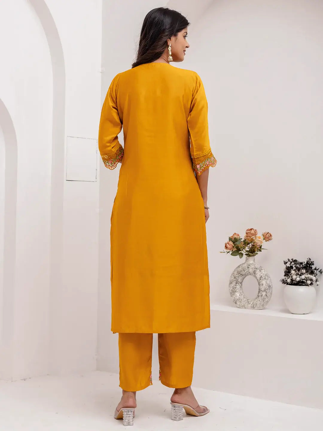 Bewitching Yellow Thread Embroidered Viscose Silk Haldi Wear Pant Suit - Zeel Clothing