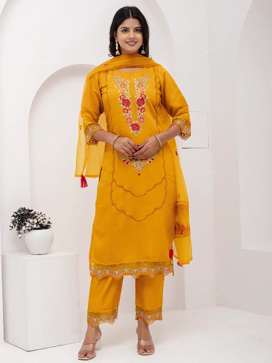 Bewitching Yellow Thread Embroidered Viscose Silk Haldi Wear Pant Suit - Zeel Clothing