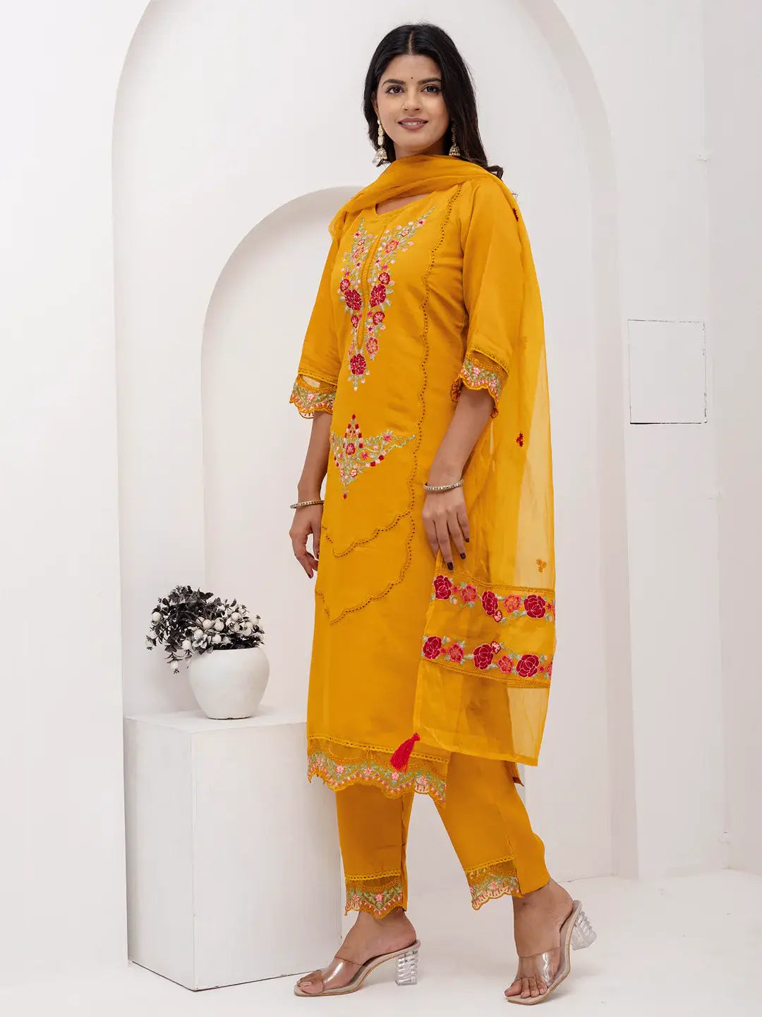 Bewitching Yellow Thread Embroidered Viscose Silk Haldi Wear Pant Suit - Zeel Clothing