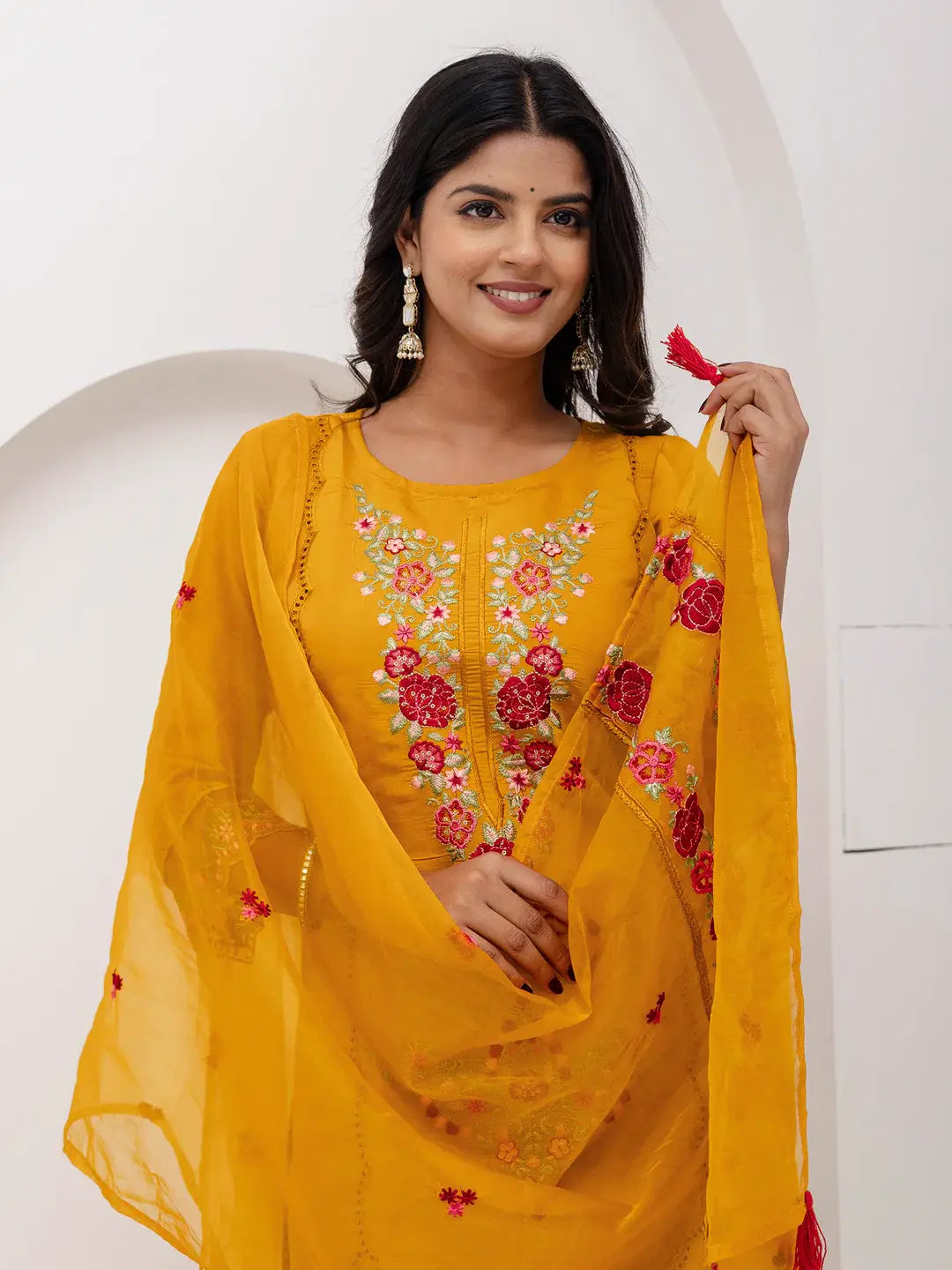 Bewitching Yellow Thread Embroidered Viscose Silk Haldi Wear Pant Suit - Zeel Clothing