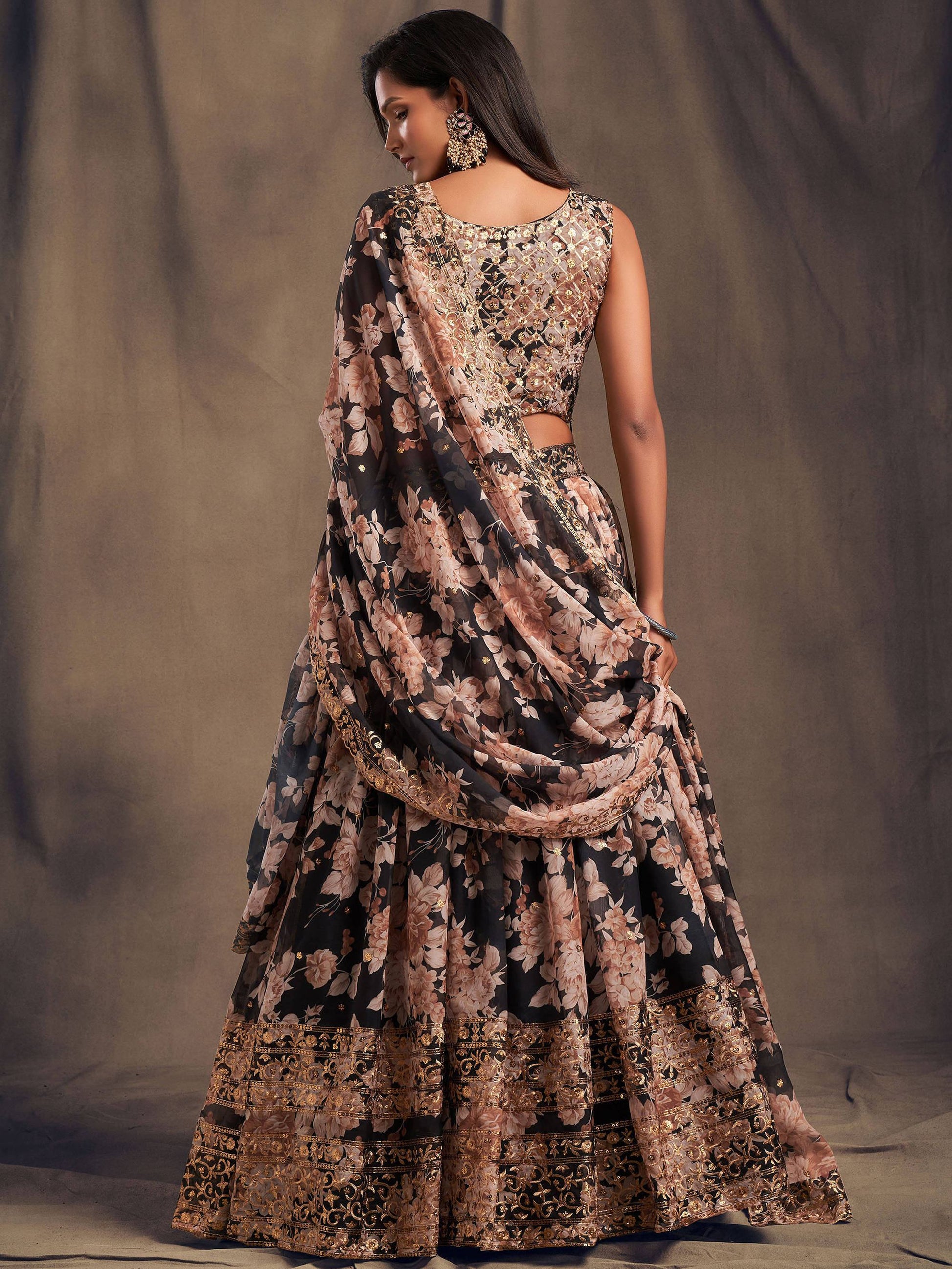 Black Floral Printed Organza Festival Lehenga Choli - Zeel Clothing