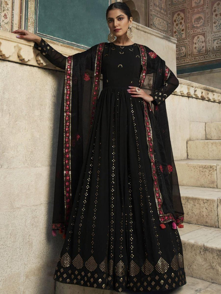 Black Sequins Embroidered Georgette Wedding Wear Gown - Zeel Clothing