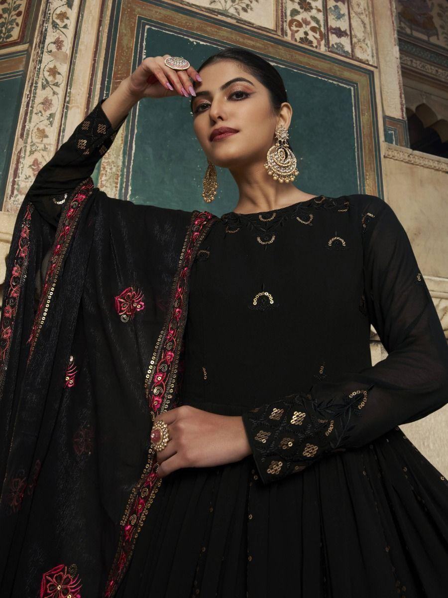 Black Sequins Embroidered Georgette Wedding Wear Gown - Zeel Clothing