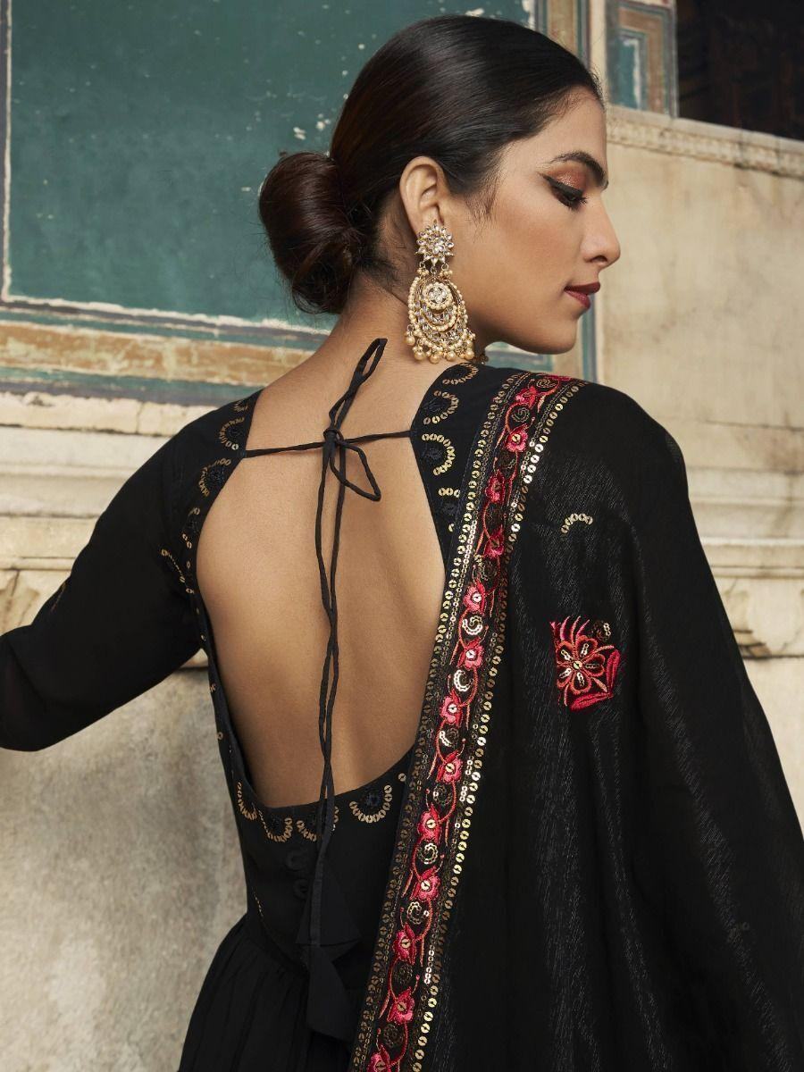 Black Sequins Embroidered Georgette Wedding Wear Gown - Zeel Clothing