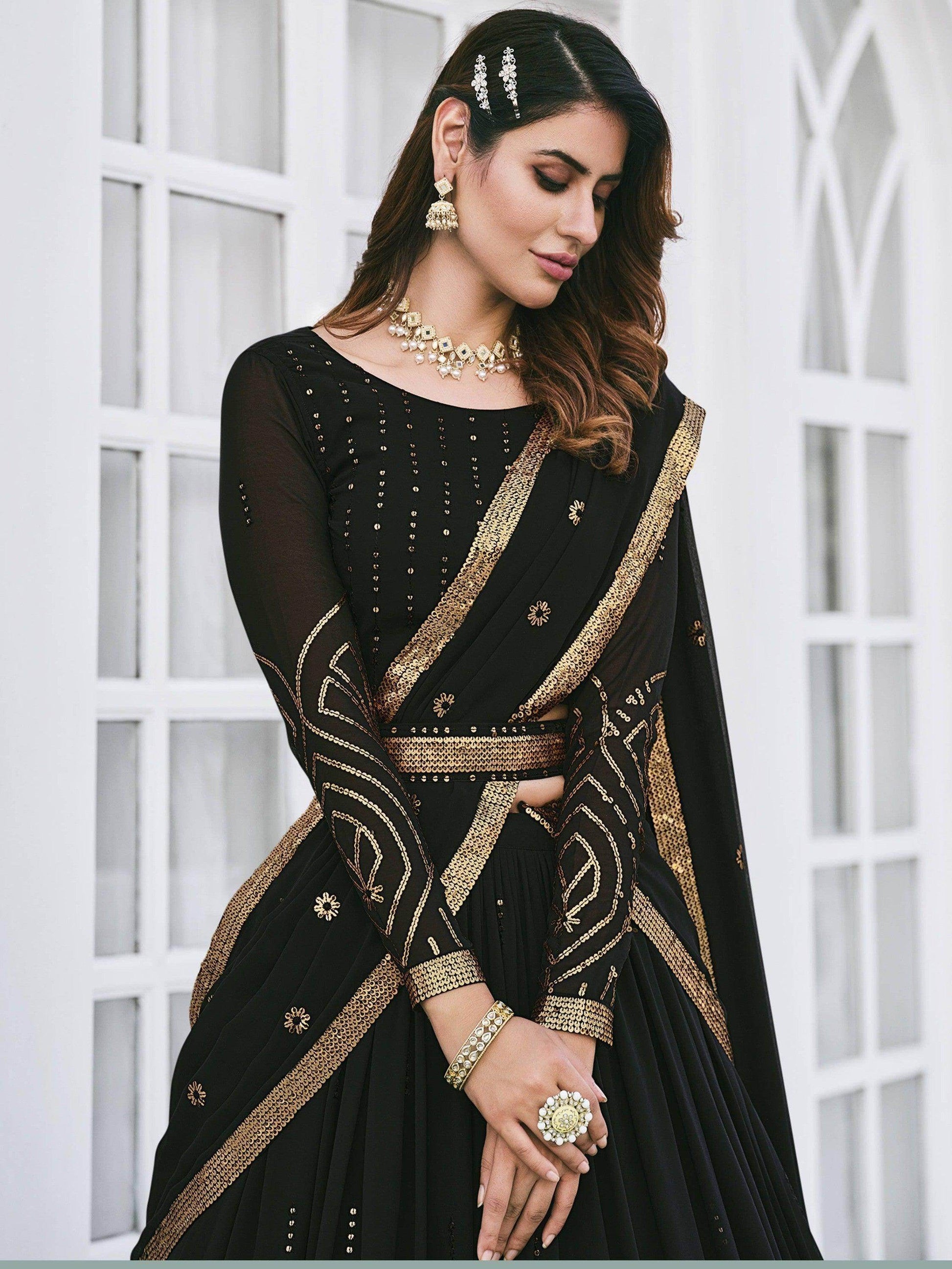Black Sequins Georgette Wedding Wear Lehenga Choli - Zeel Clothing