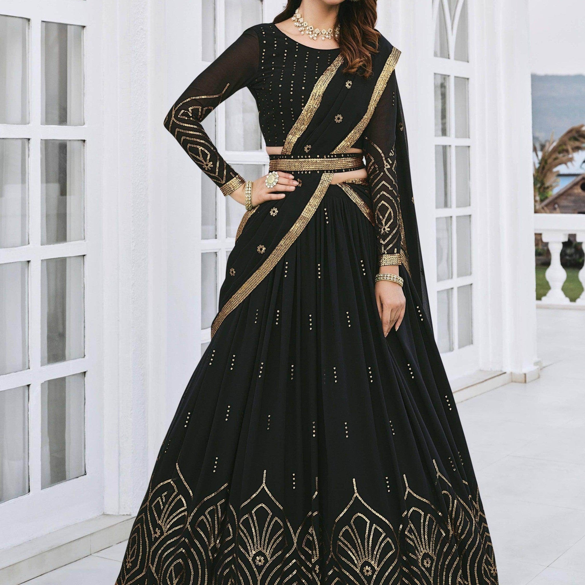 Black Sequins Georgette Wedding Wear Lehenga Choli - Zeel Clothing