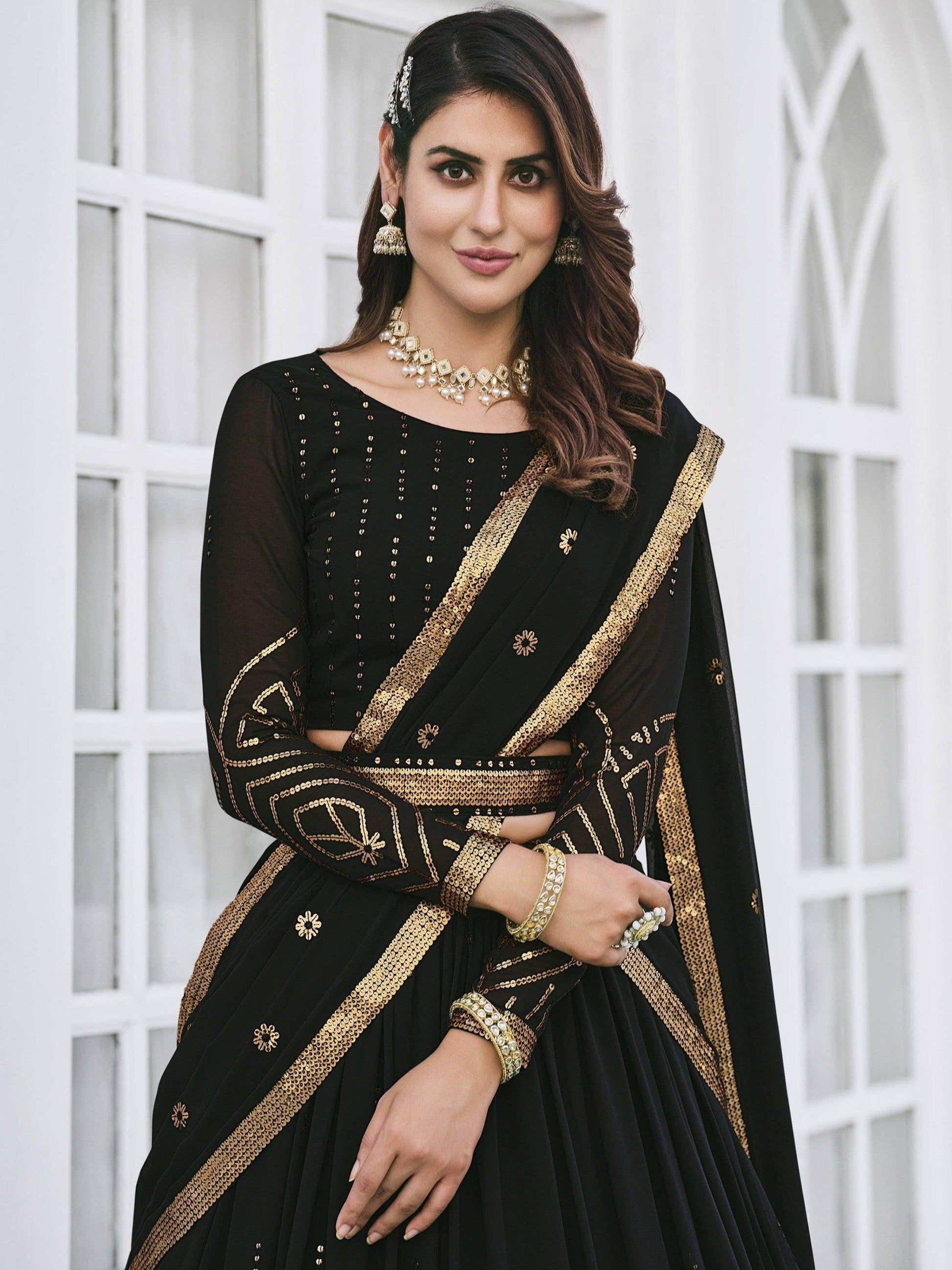 Black Sequins Georgette Wedding Wear Lehenga Choli - Zeel Clothing