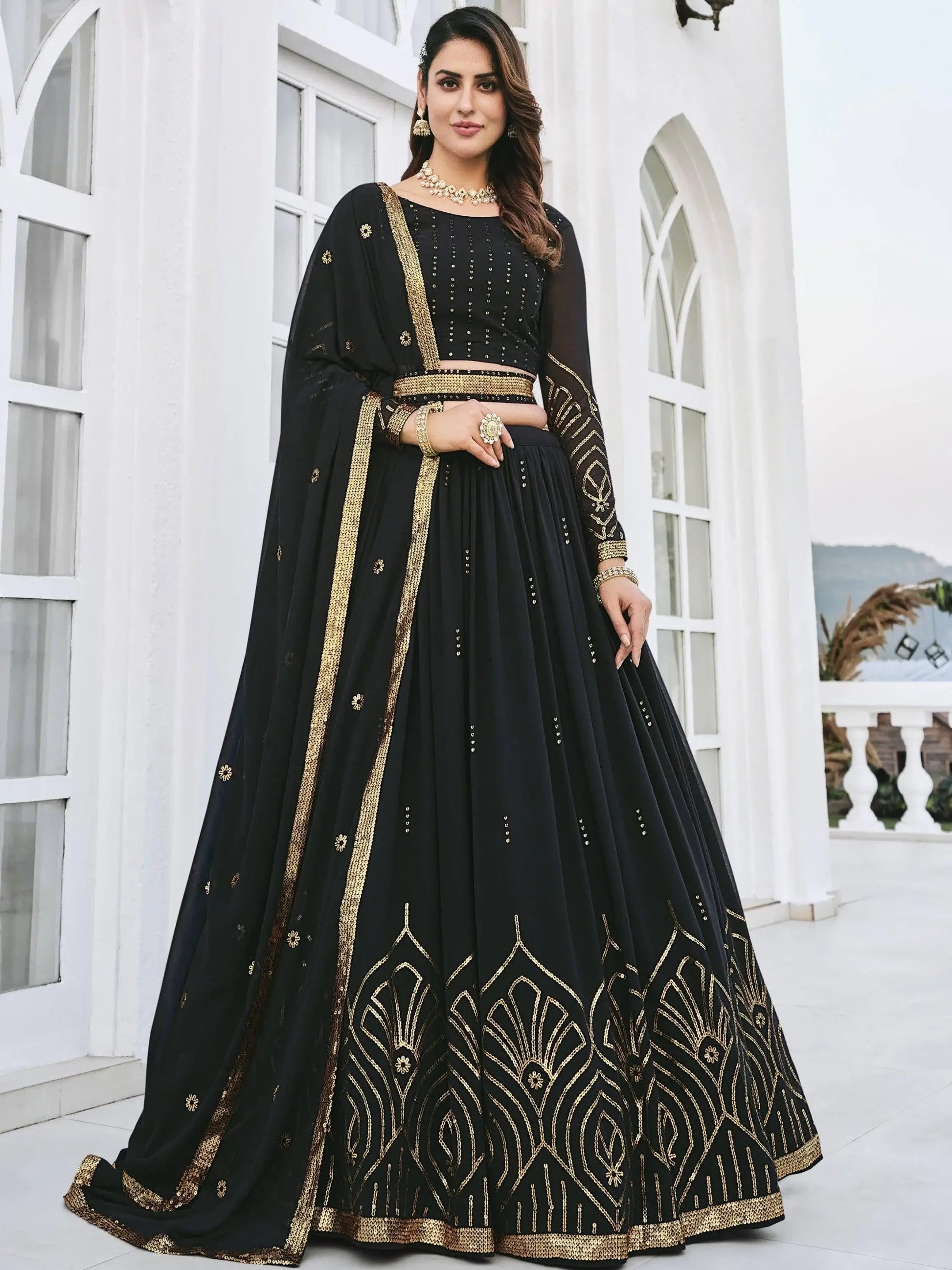 Black Sequins Georgette Wedding Wear Lehenga Choli - Zeel Clothing