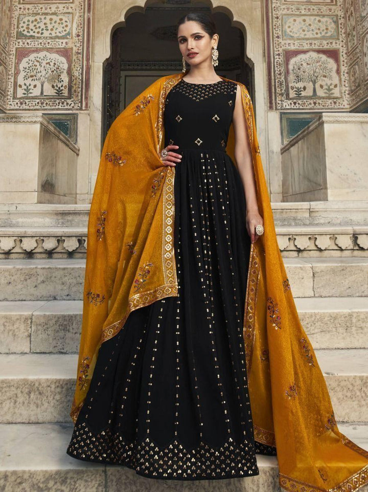 Black Sequins Work Georgette Festival Wear Gown With Dupatta - Zeel Clothing