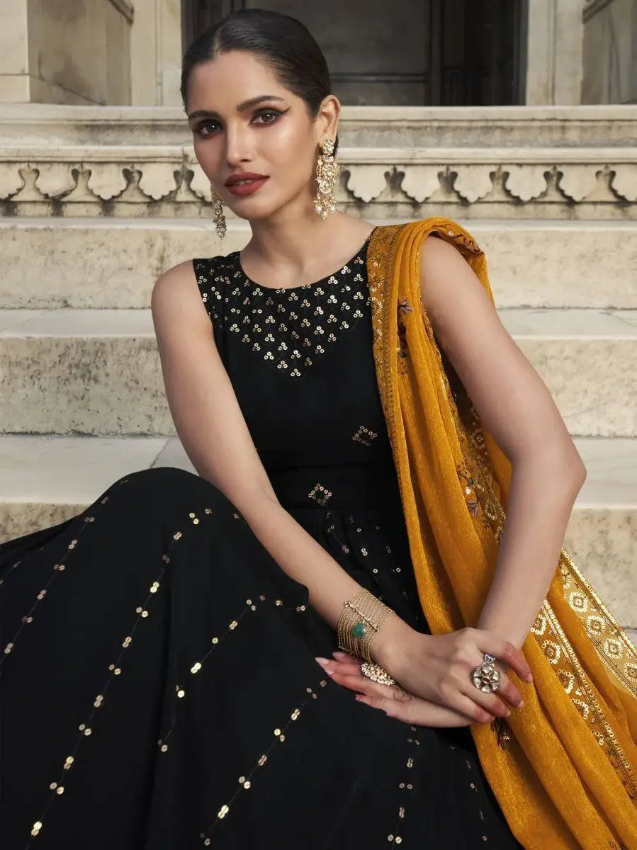 Black Sequins Work Georgette Festival Wear Gown With Dupatta - Zeel Clothing