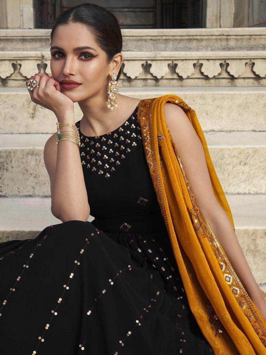 Black Sequins Work Georgette Festival Wear Gown With Dupatta - Zeel Clothing