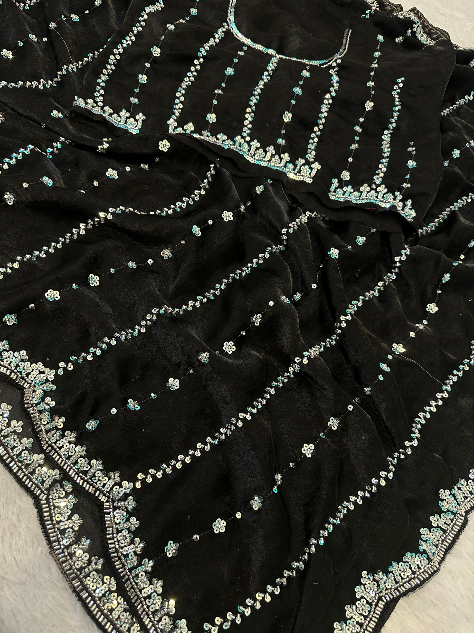 Sparkling Black Sequins Embroidery Satin Party Wear Saree With Blouse