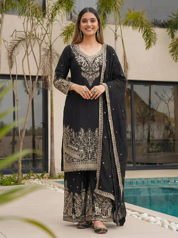 Beautiful Black Coding Embroidery Chinon Wedding Wear Palazzo Suit