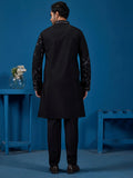 Amazing Black Multi Thread Embroidery Silk Men Kurta With Pant Set