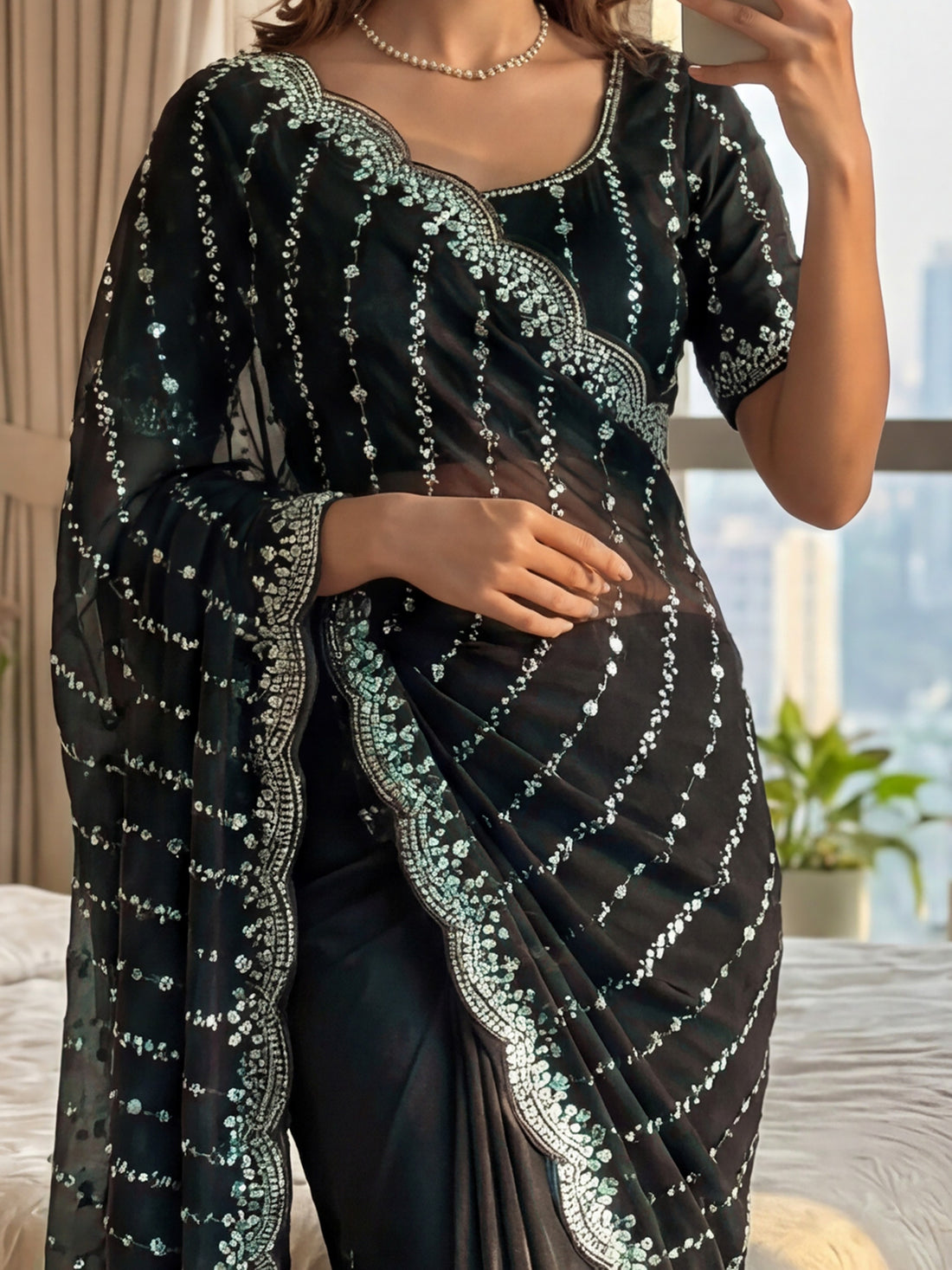 Sparkling Black Sequins Embroidery Satin Party Wear Saree With Blouse