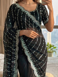 Sparkling Black Sequins Embroidery Satin Party Wear Saree With Blouse