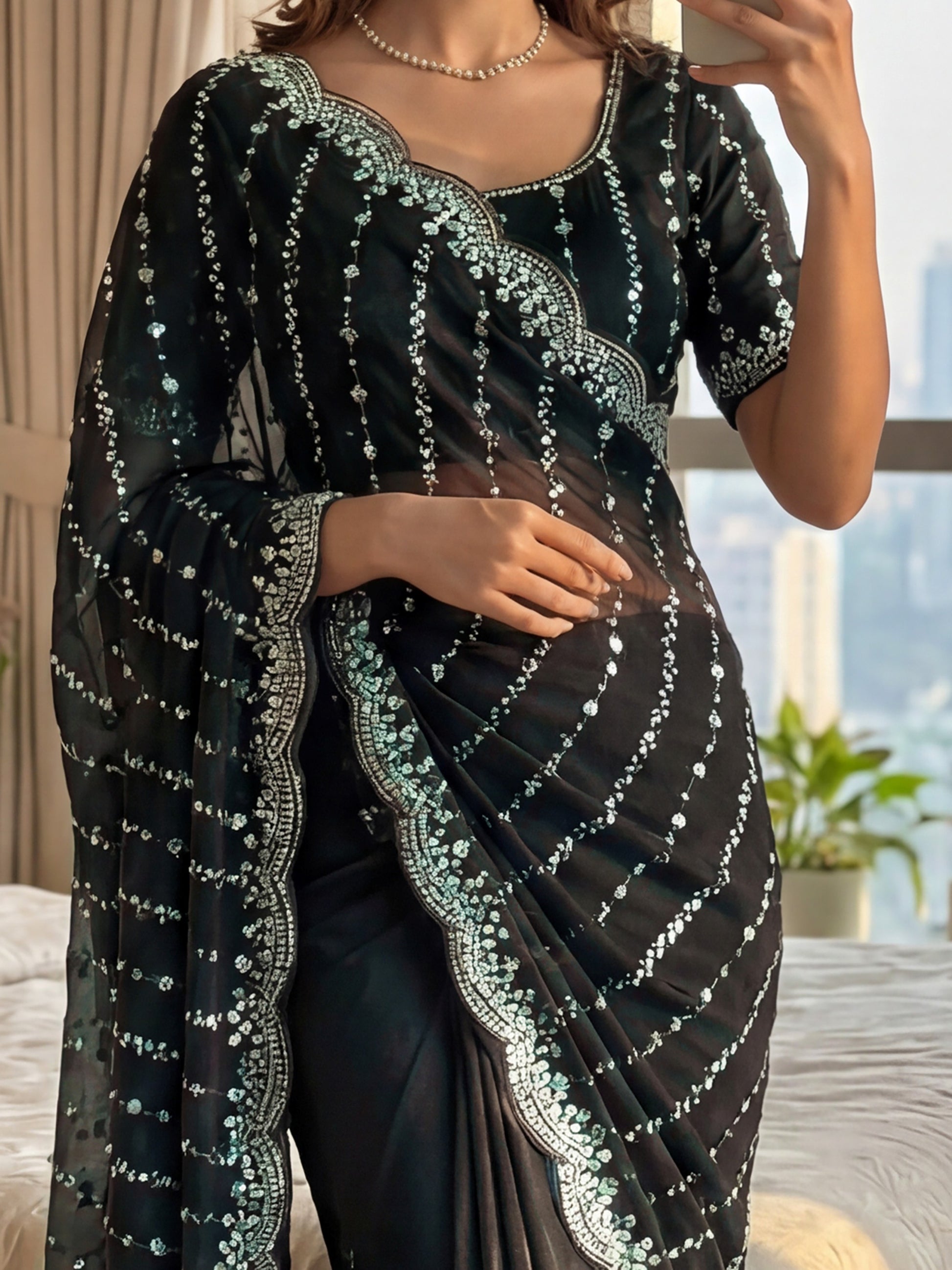 Sparkling Black Sequins Embroidery Satin Party Wear Saree With Blouse