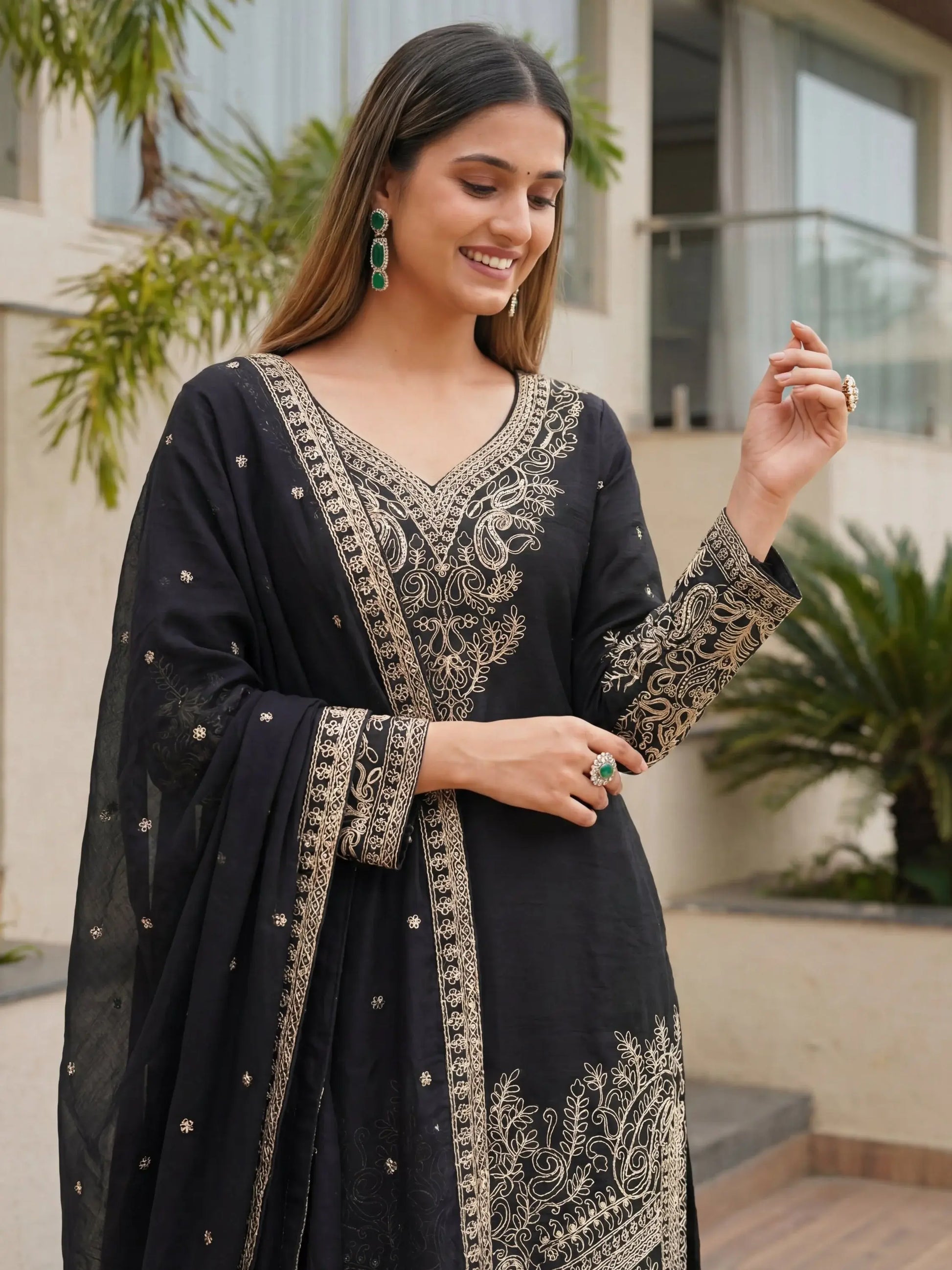 Beautiful Black Coding Embroidery Chinon Wedding Wear Palazzo Suit
