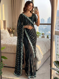 Sparkling Black Sequins Embroidery Satin Party Wear Saree With Blouse