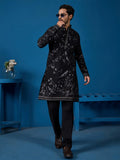 Amazing Black Multi Thread Embroidery Silk Men Kurta With Pant Set