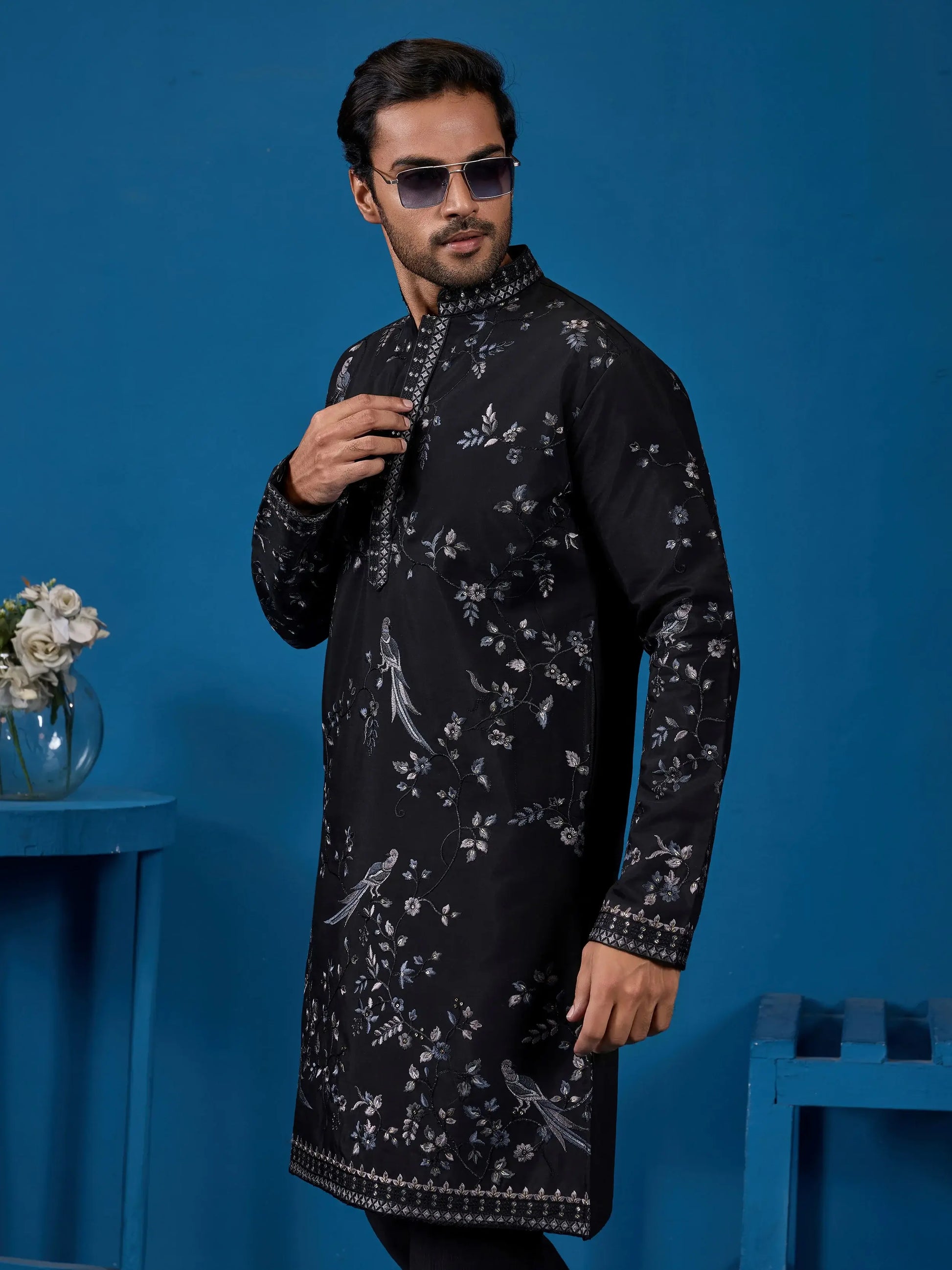 Amazing Black Multi Thread Embroidery Silk Men Kurta With Pant Set