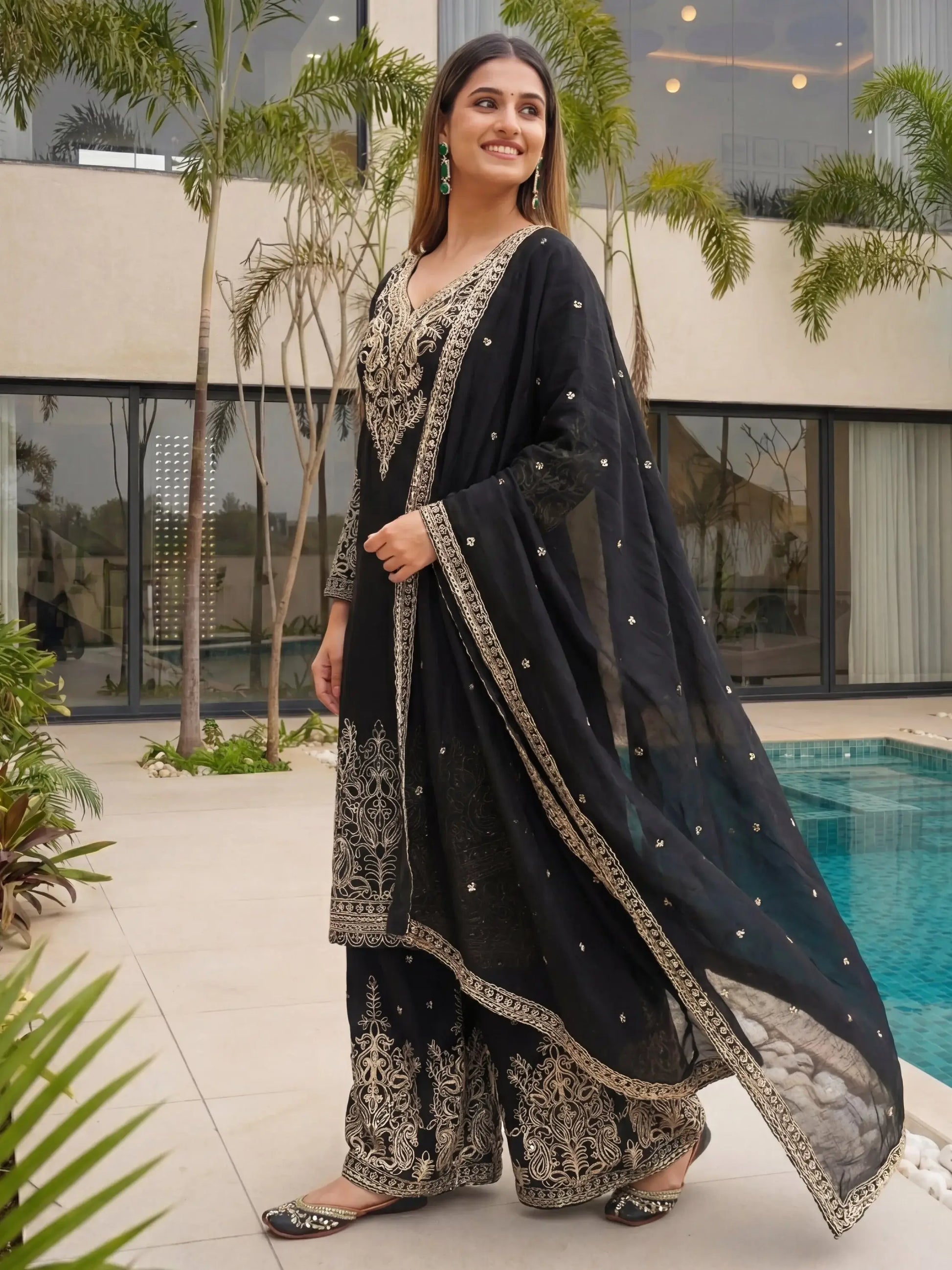 Beautiful Black Coding Embroidery Chinon Wedding Wear Palazzo Suit