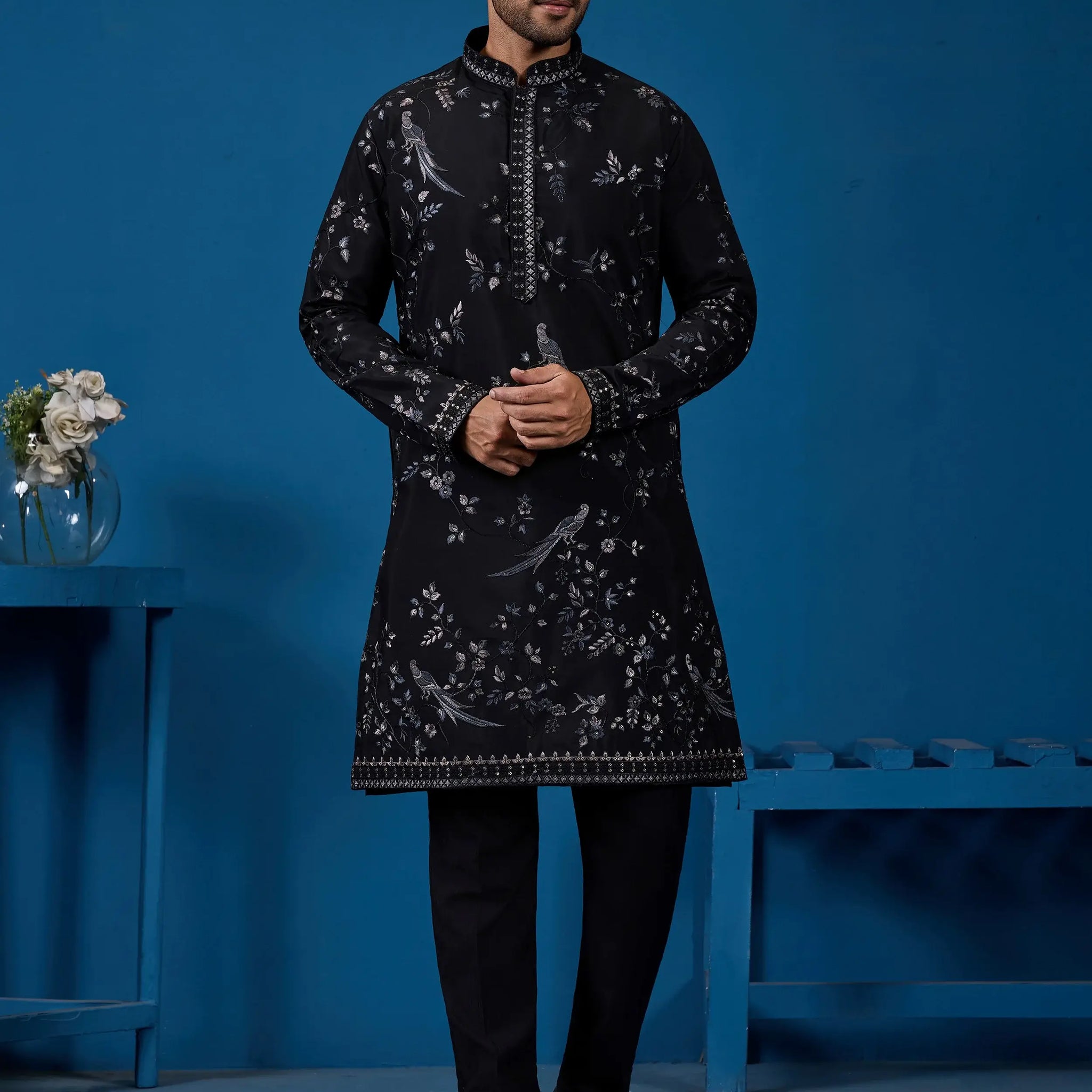 Amazing Black Multi Thread Embroidery Silk Men Kurta With Pant Set