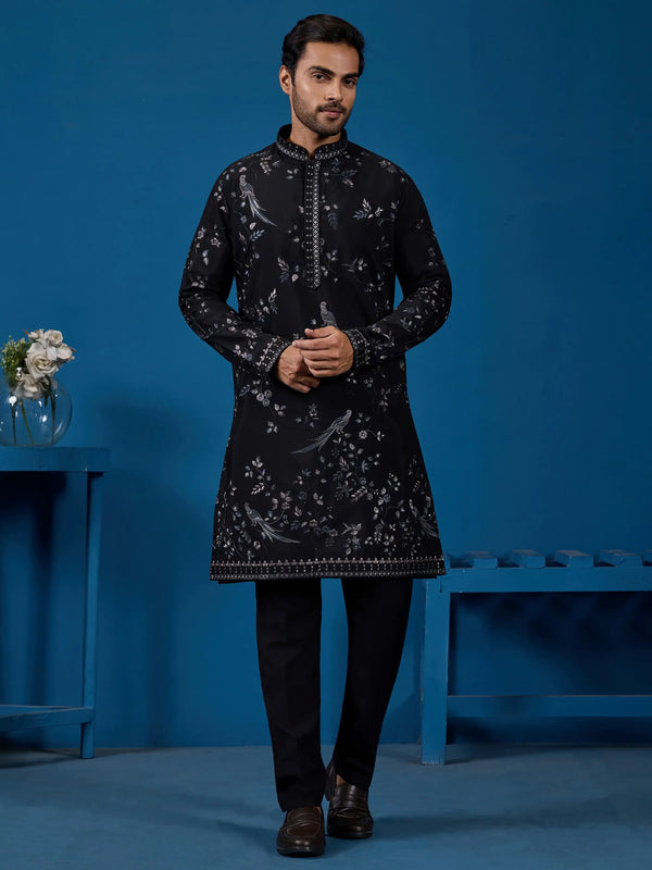 Amazing Black Multi Thread Embroidery Silk Men Kurta With Pant Set