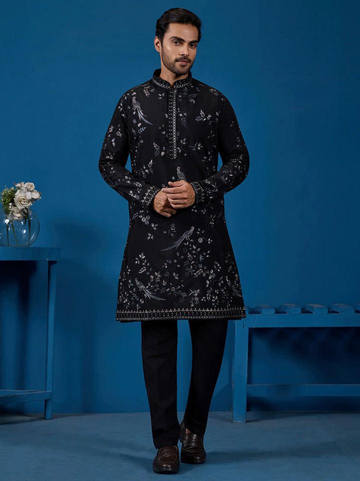 Amazing Black Multi Thread Embroidery Silk Men Kurta With Pant Set