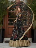 Terrific Black Floral Printed Silk Sangeet Wear Lehenga With Blouse