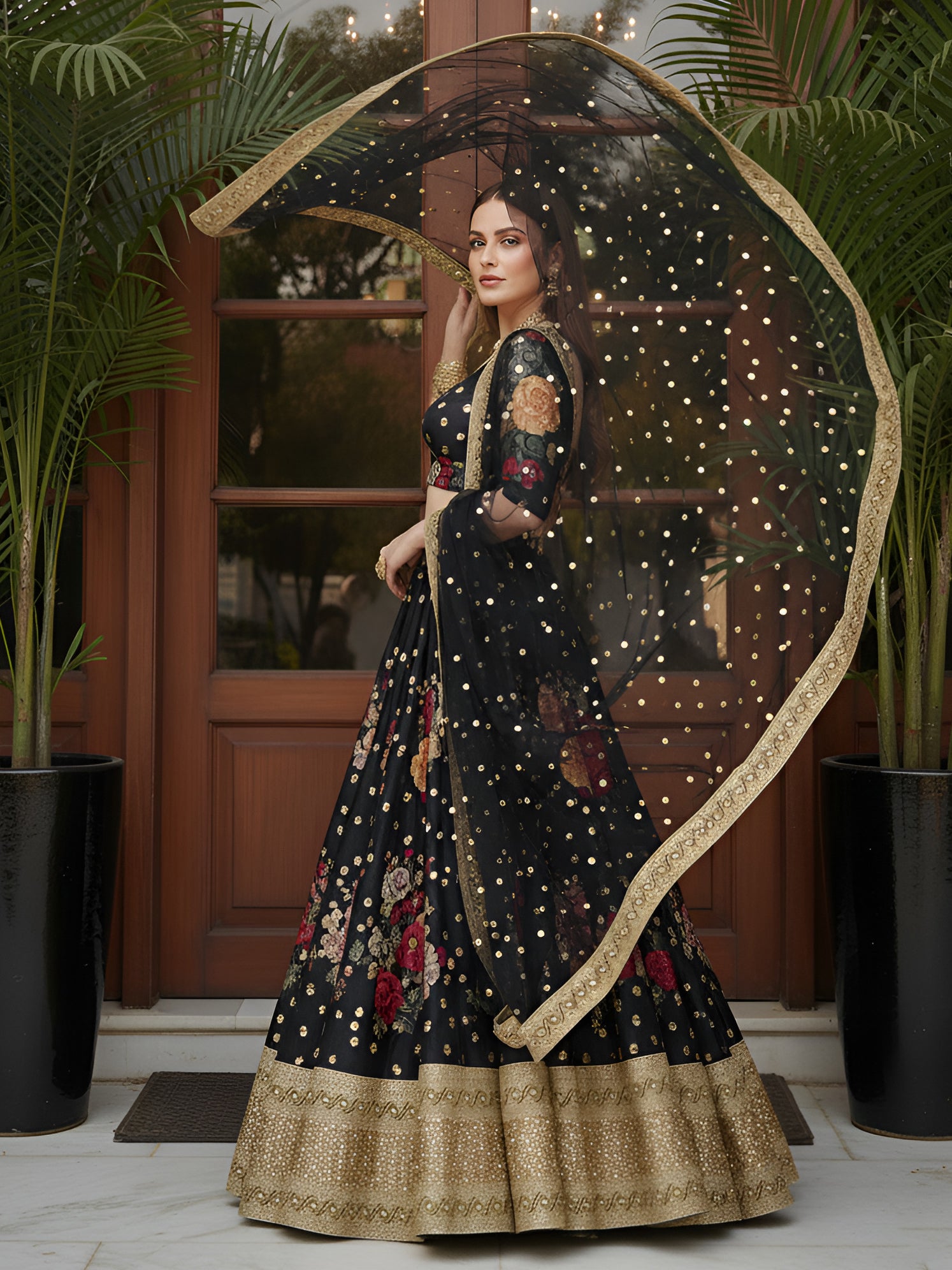 Terrific Black Floral Printed Silk Sangeet Wear Lehenga With Blouse