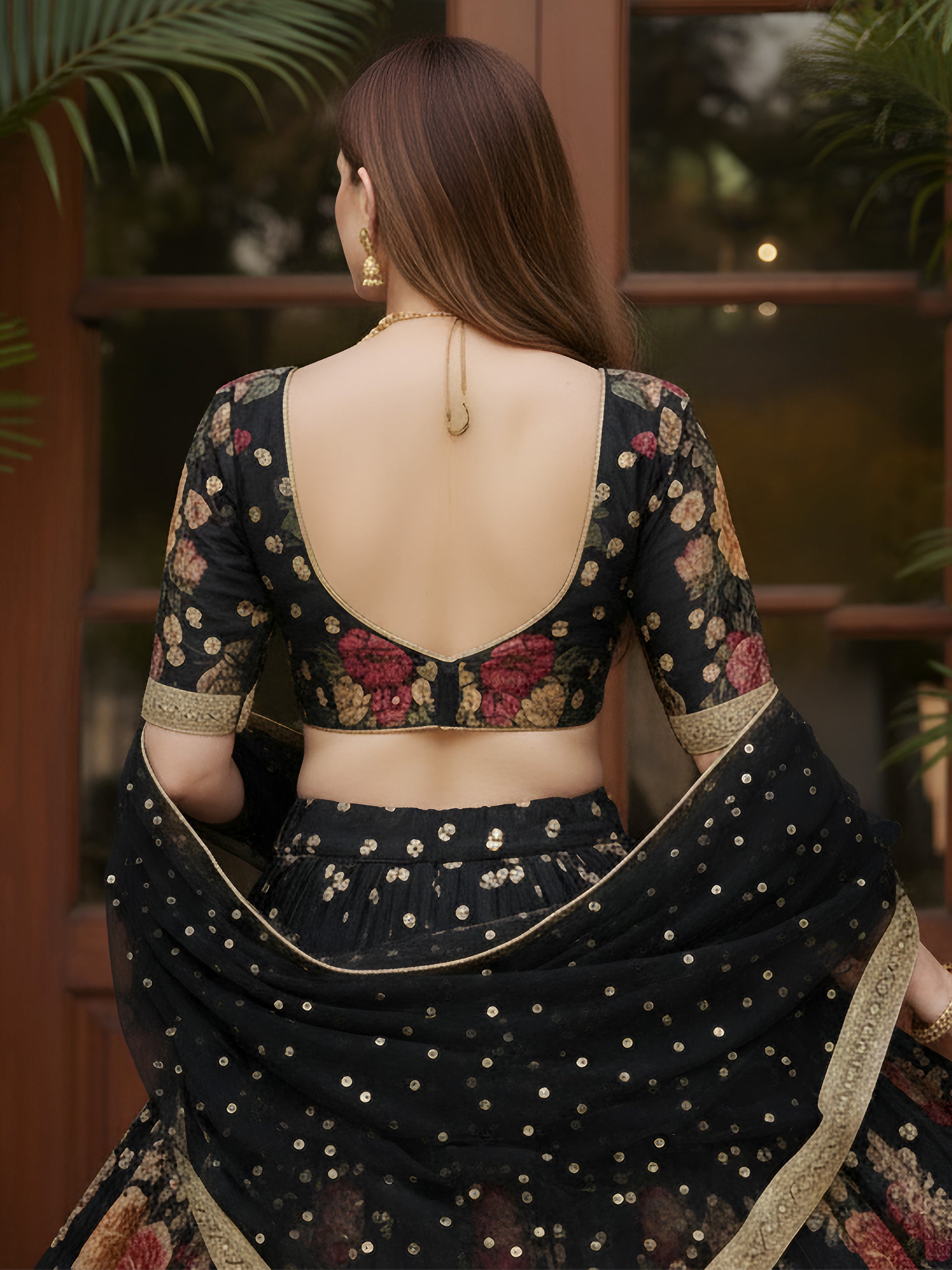 Terrific Black Floral Printed Silk Sangeet Wear Lehenga With Blouse