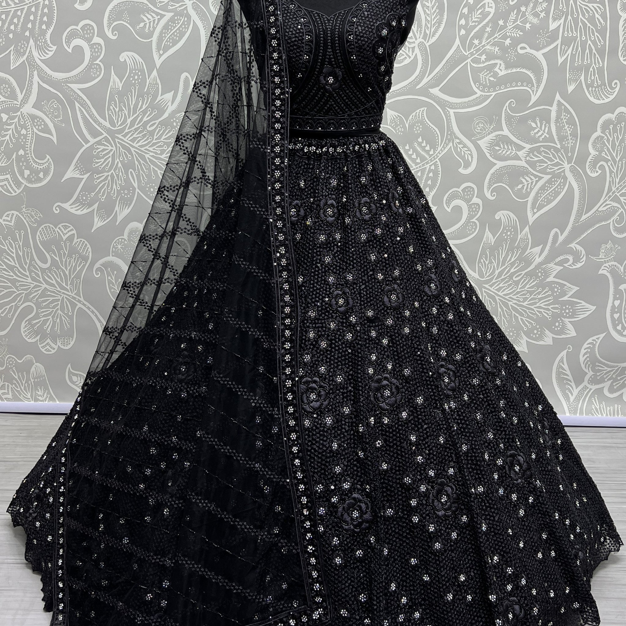 Astonishing Black Thread Work Net Reception Wear Lehenga Choli