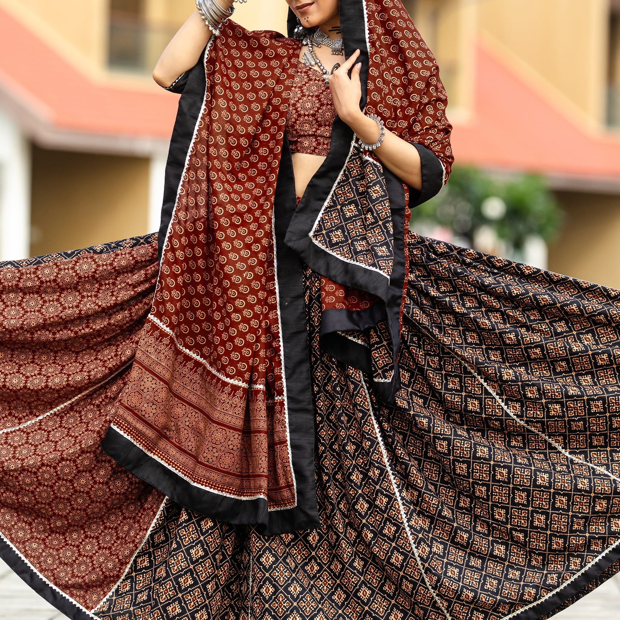 Alluring Black Printed Cotton Navratri Lehenga Choli With Dupatta