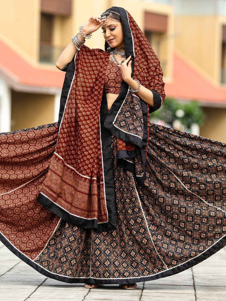 Alluring Black Printed Cotton Navratri Lehenga Choli With Dupatta