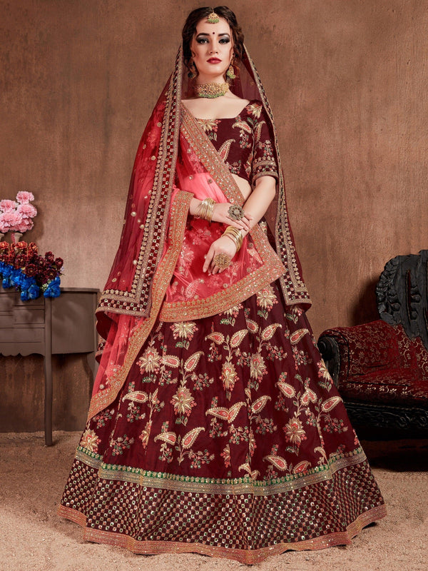 Blooming Dark Maroon Colored Bridal Wear Designer Embroidered Lehenga choli