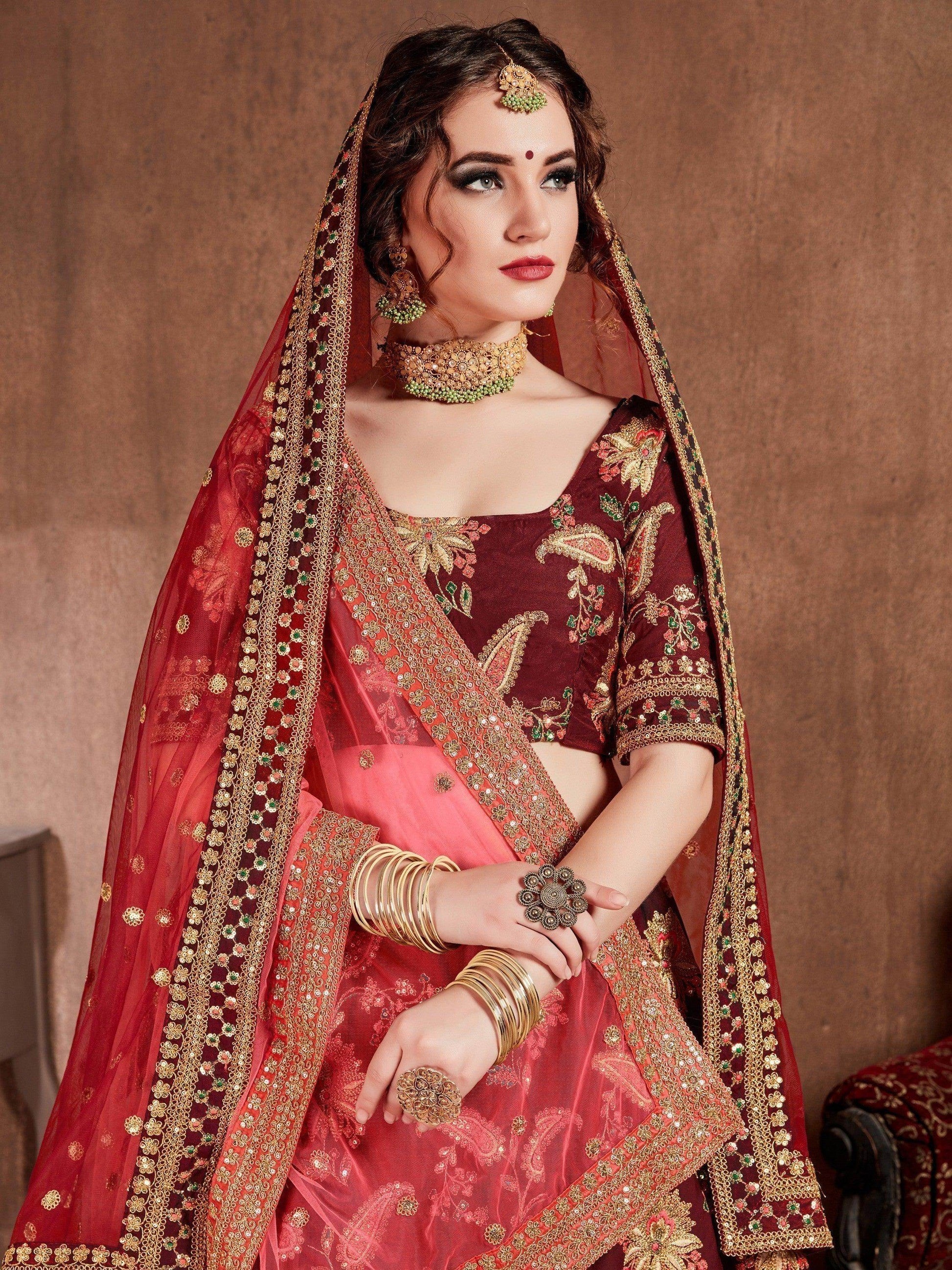 Blooming Dark Maroon Colored Bridal Wear Designer Embroidered Lehenga choli - Zeel Clothing