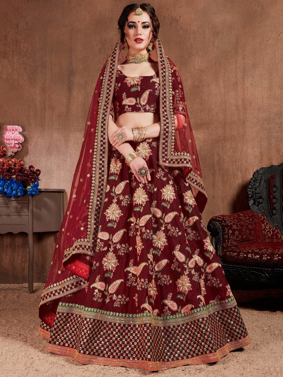 Blooming Dark Maroon Colored Bridal Wear Designer Embroidered Lehenga choli - Zeel Clothing