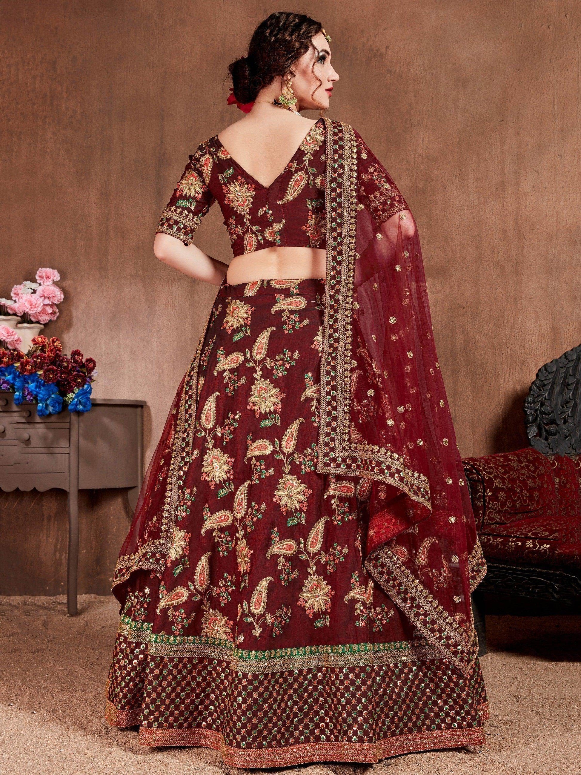Blooming Dark Maroon Colored Bridal Wear Designer Embroidered Lehenga choli - Zeel Clothing