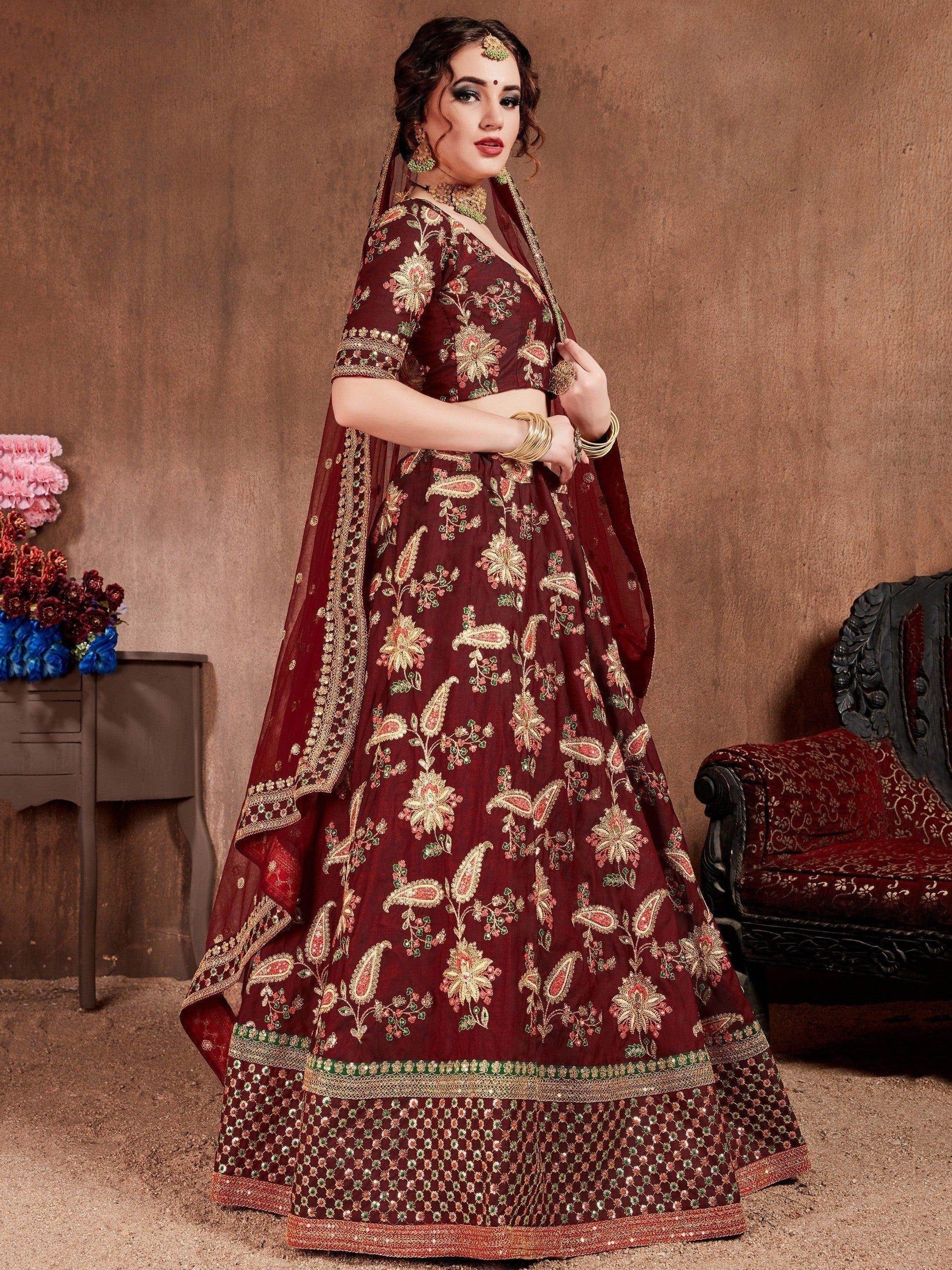 Blooming Dark Maroon Colored Bridal Wear Designer Embroidered Lehenga choli - Zeel Clothing
