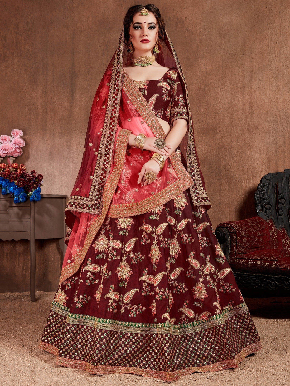Blooming Dark Maroon Colored Bridal Wear Designer Embroidered Lehenga choli - Zeel Clothing